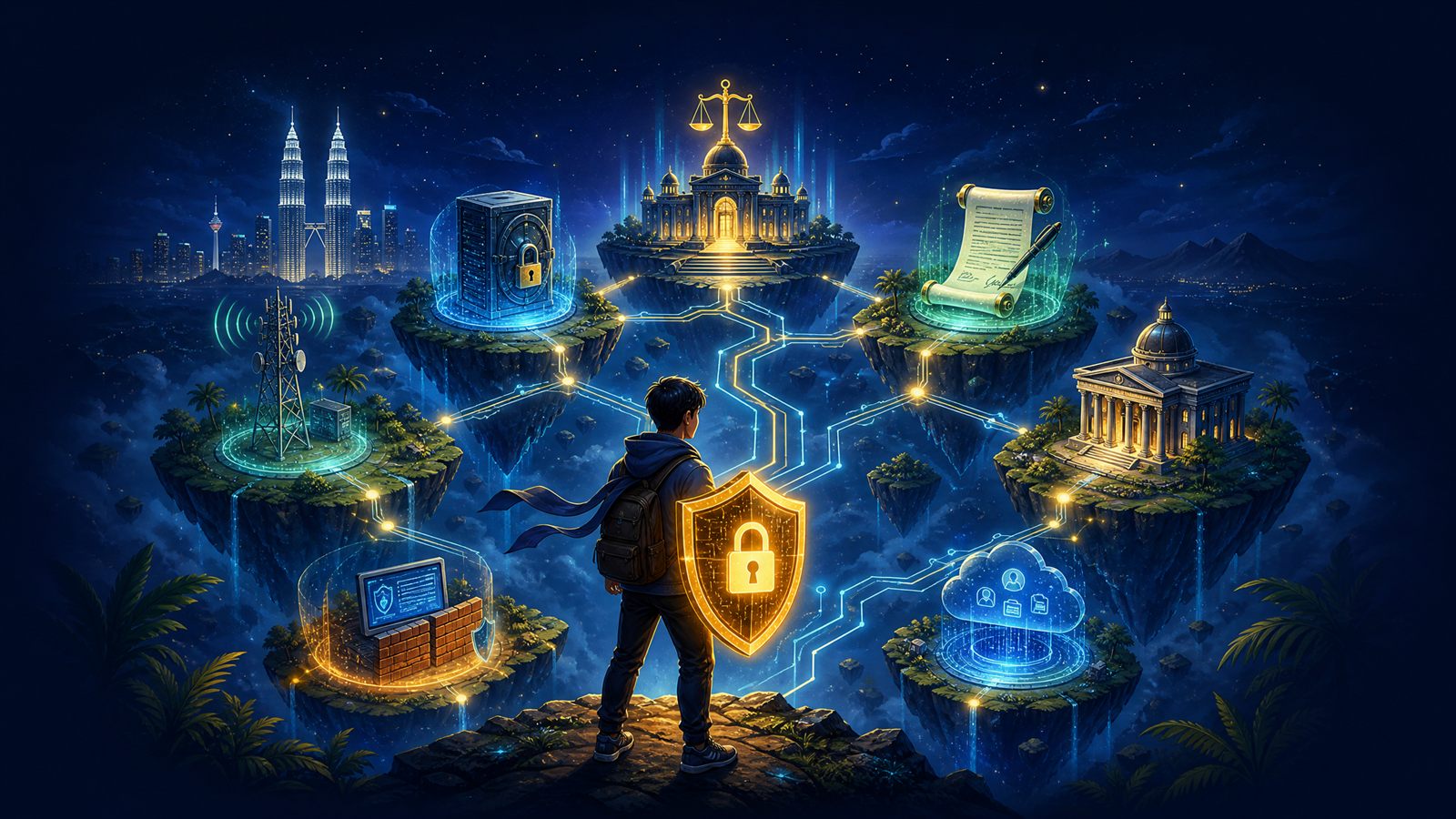A student hero with a golden shield overlooking six glowing islands, one for each Malaysian cyber law, and the Cyber Court